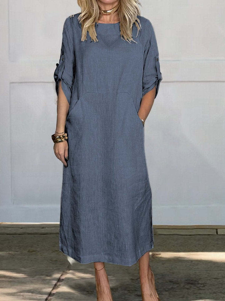 Women's Casual Linen Midi Dress with Side Pockets and Roll-Up Sleeves Chic & Stil