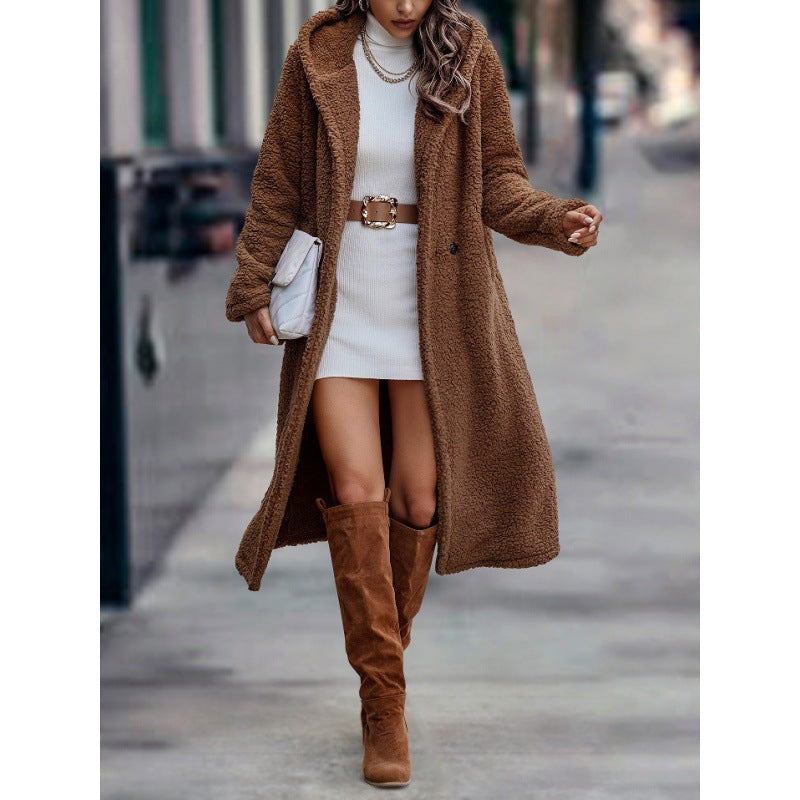 Women's Maxi Length Teddy Coat with Hood and Double Button Placket Amarae