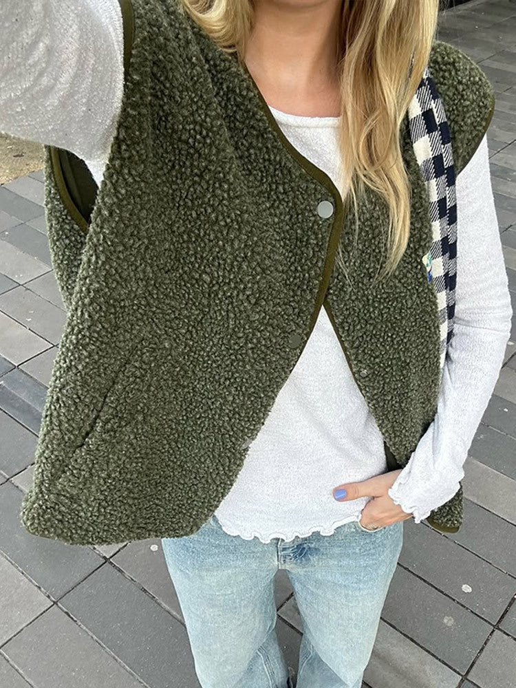 Women's teddy vest with button placket, soft teddy fleece & straight silhouette Amarae