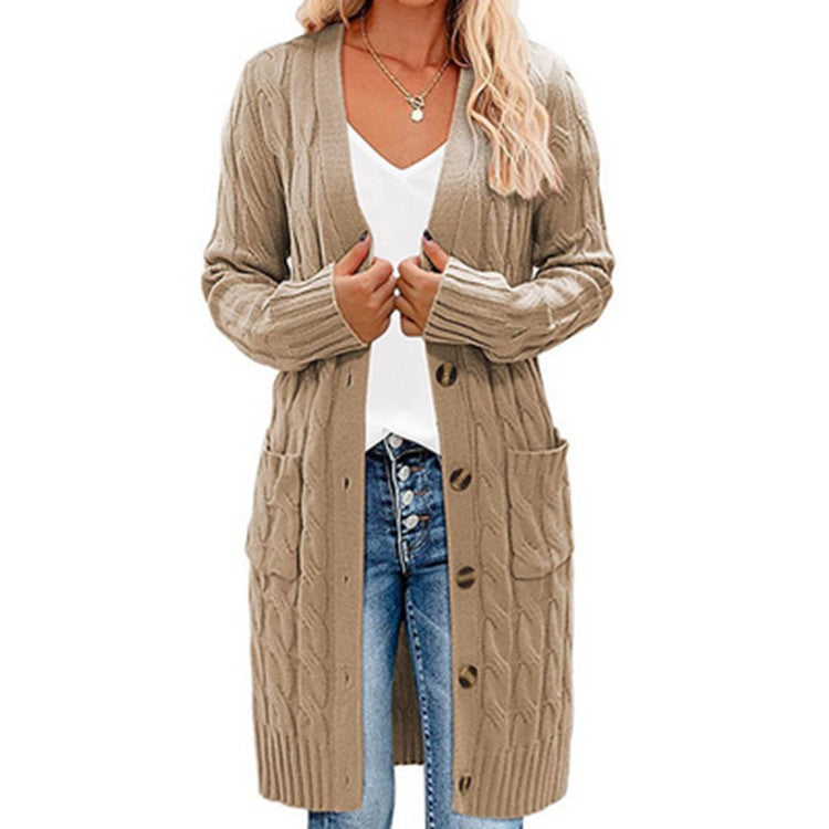 Chunky knit cardigan for women with decorative braid pattern and practical pockets Lune London