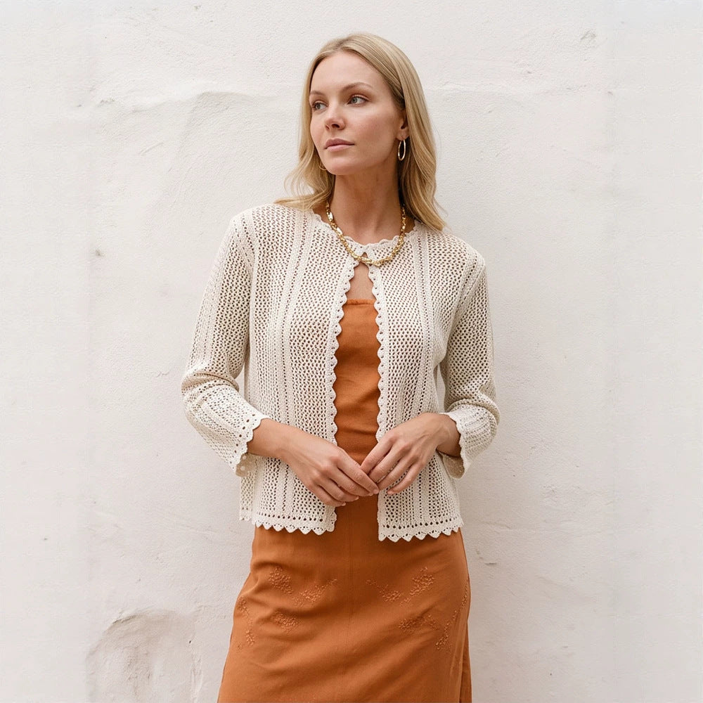 Women's crocheted short jacket with wavy hem, open front & 3/4 sleeves Amarae