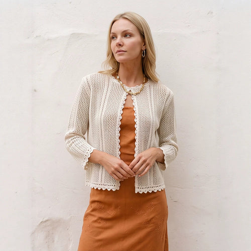 Women's crocheted short jacket with wavy hem, open front & 3/4 sleeves Amarae