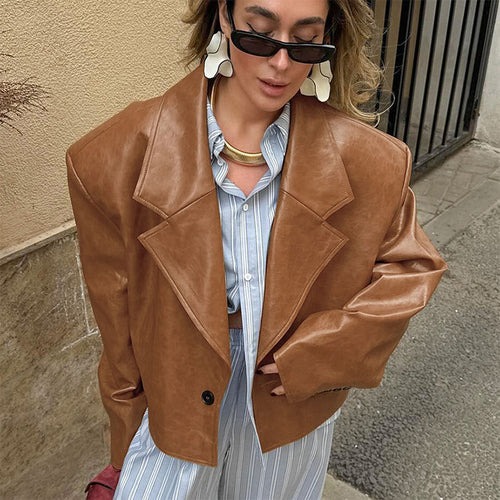 Oversized faux leather jacket for women with textured details Amarae