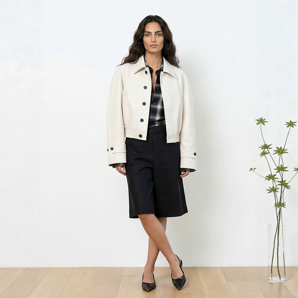 Women's Short Boxy Blouson with Elastic Hem and Distinctive Button Details Amarae