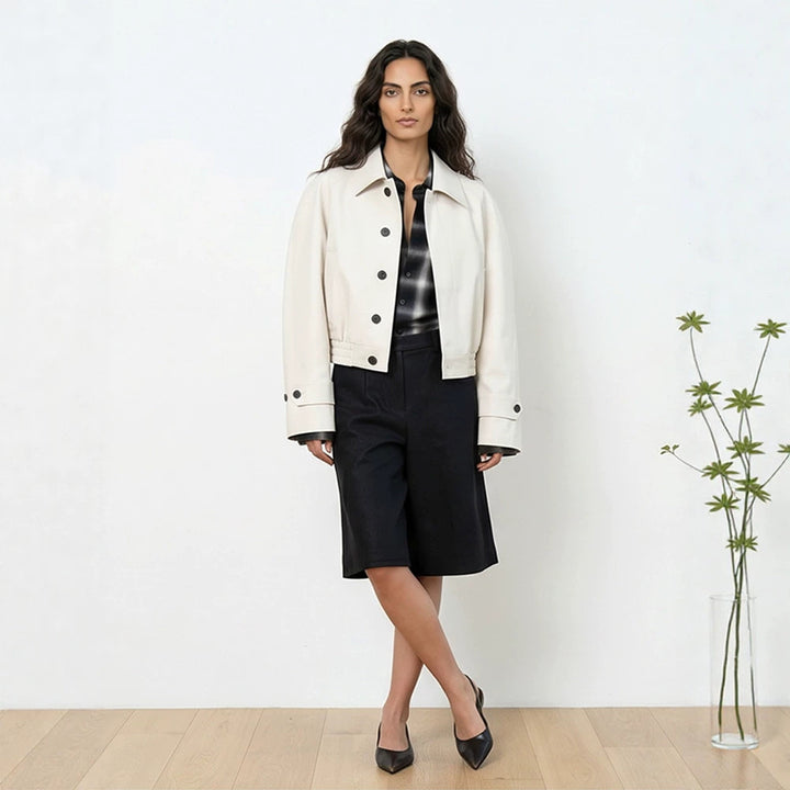 Women's Short Boxy Blouson with Elastic Hem and Distinctive Button Details Amarae