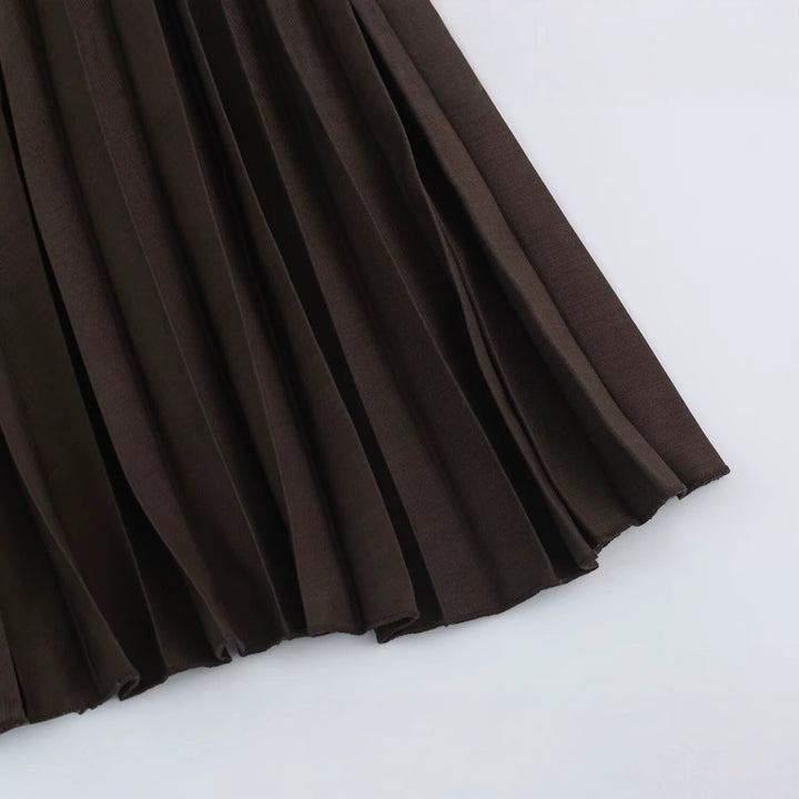 Ladies Two-Piece Midi Dress Set with Narrow Waistband, Concealed Button Placket and Pleated Skirt Amarae