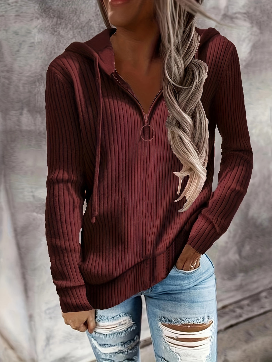 Casual zip-up hooded sweatshirt for women with textured ribbed pattern Lune London