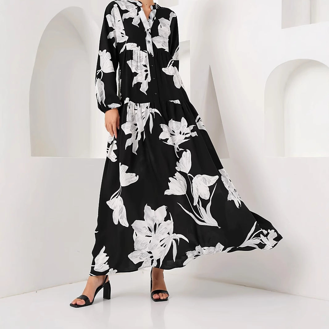 Women’s maxi dress with floral print and elegant button design Lune London