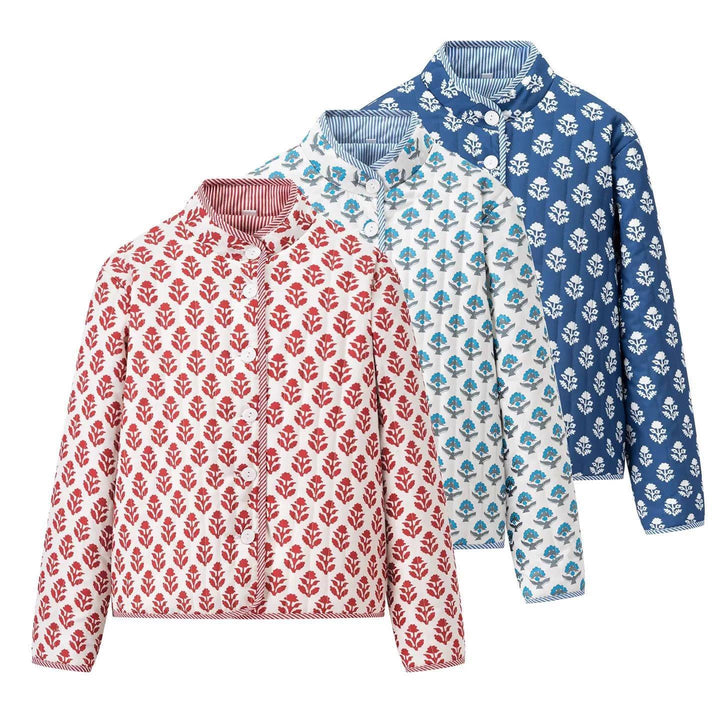 Quilted bomber jacket for women with floral pattern and practical buttons Lune London