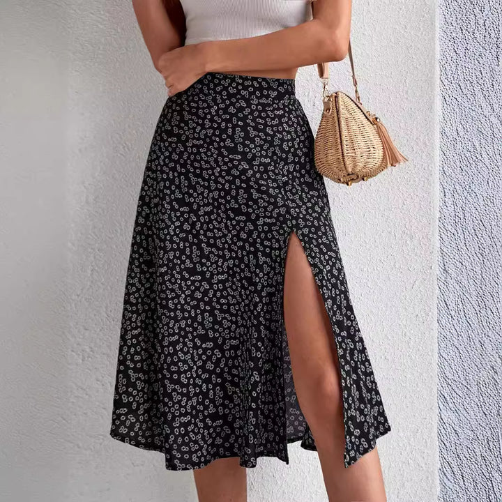 Midi skirt for women with asymmetrical slit and floral pattern Lune London