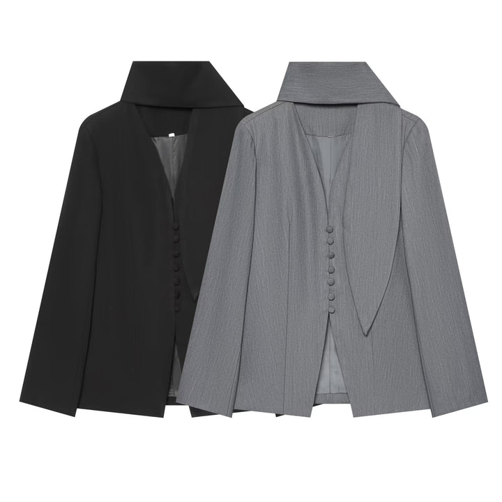 Women's Elegant Longline Blazer with High Funnel Collar and Overlapping Fabric Buttons Amarae