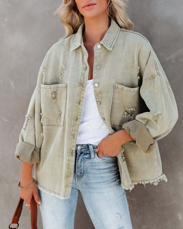 Casual oversized denim jacket for women with frayed details Lune London