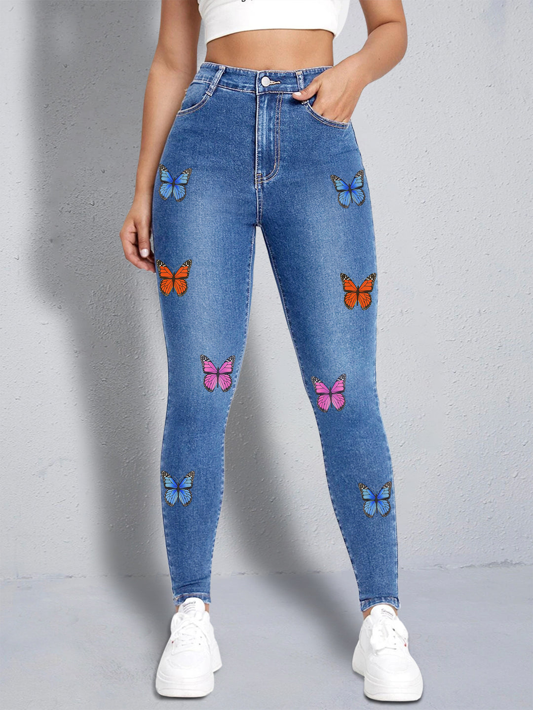 Women slim-fit high-waist jeans leggings with colorful butterfly print Amarae