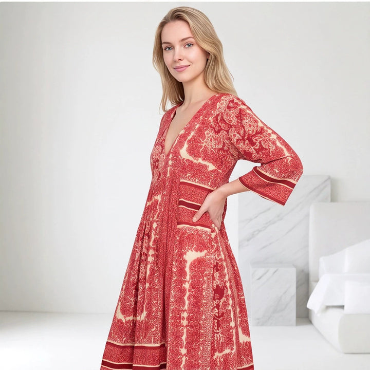 Women’s V neck midi dress with three-quarter sleeves, side pockets & flared A-line silhouette Amarae