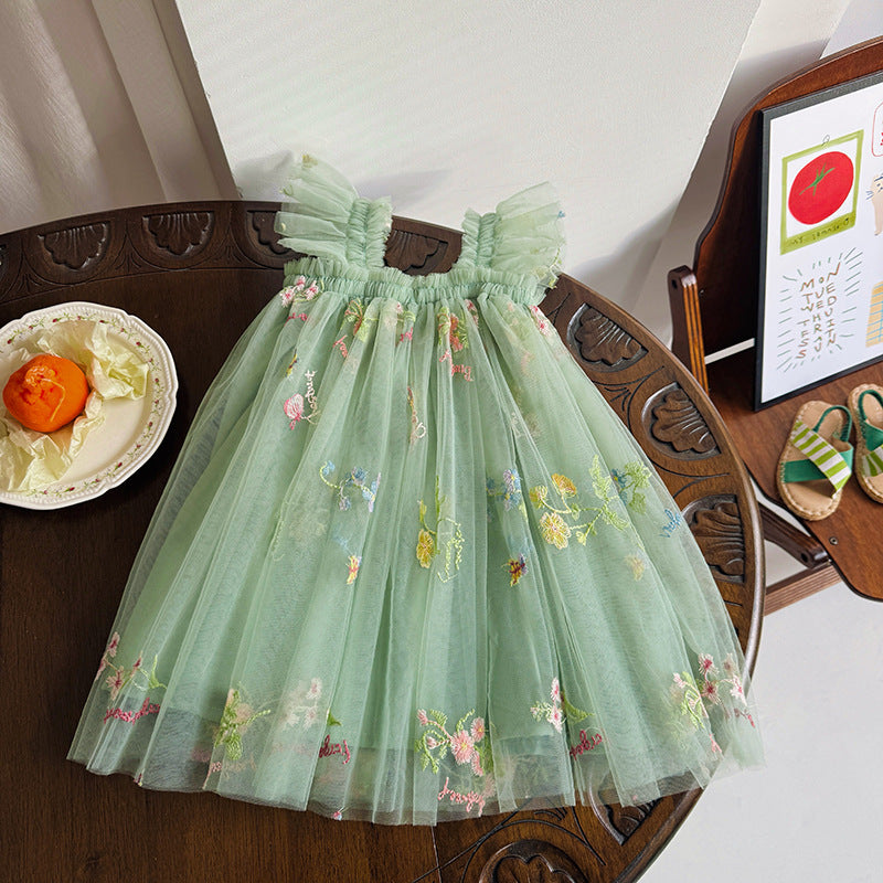 Girls Embroidered Tulle Party Dress with Ruffle Straps Lune London