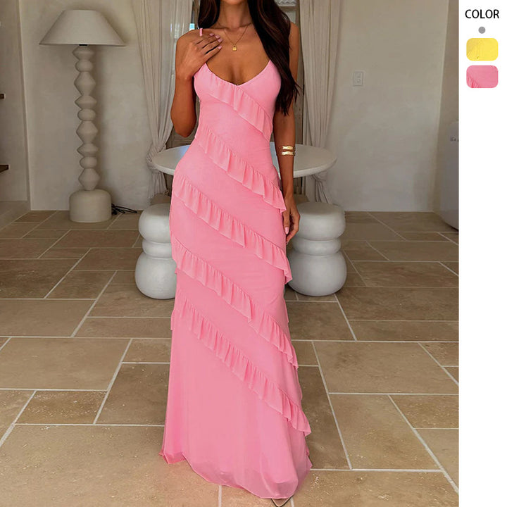 Women's maxi dress with elegant ruffle design and adjustable straps Lune London