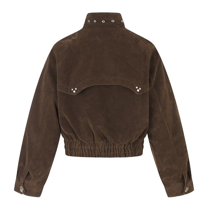 Women's short suede bomber jacket with high stand-up collar and metallic details Amarae