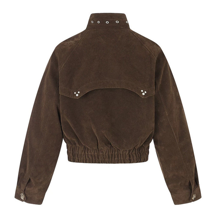 Women's short suede bomber jacket with high stand-up collar and metallic details Amarae