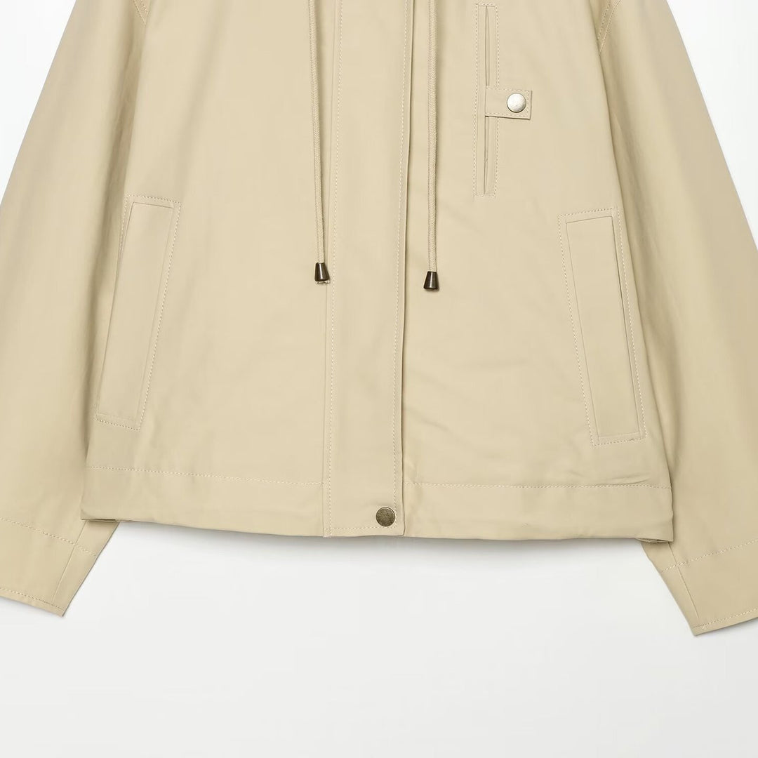 Women's Short Hooded Jacket with Drawstring, Concealed Snap Placket and Patch Pockets Amarae