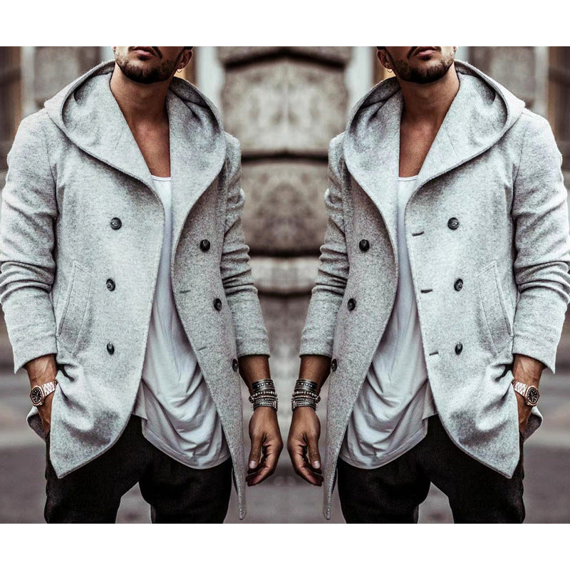 Elegant men's hoodie coat with double row of buttons and wide collar Lune London