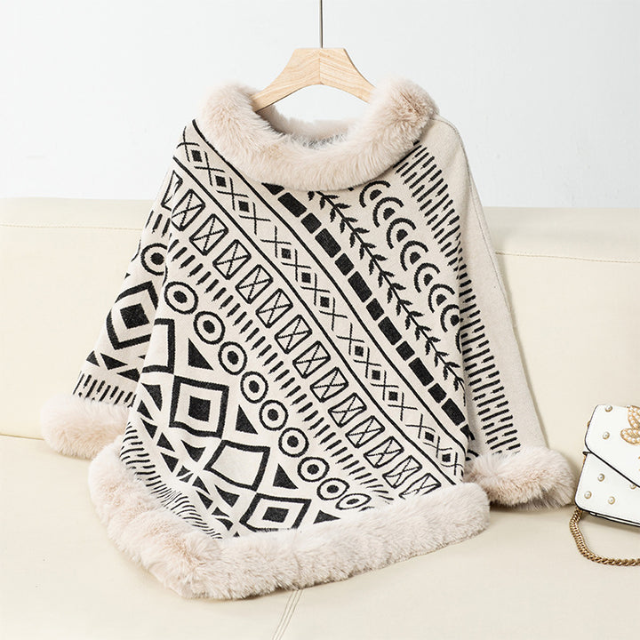 Ladies fashionable poncho with decorative faux fur collar Lune London
