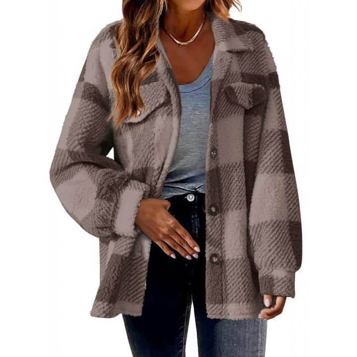 Women's Checkered Teddy Shirt Jacket in Oversized Shacket Style Amarae
