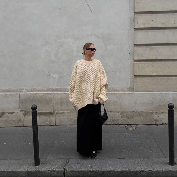 Women's Oversized Chunky Knit Sweater with Cable Knit Pattern and Wide Balloon Sleeves Amarae