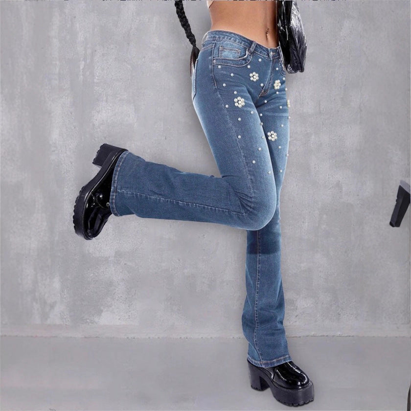 Women's slim bootcut jeans with pearl and flower appliqués Amarae