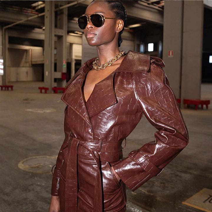 Women's Shiny Crocodile Pattern Trench Coat with Waist Belt and Wide Lapels Amarae