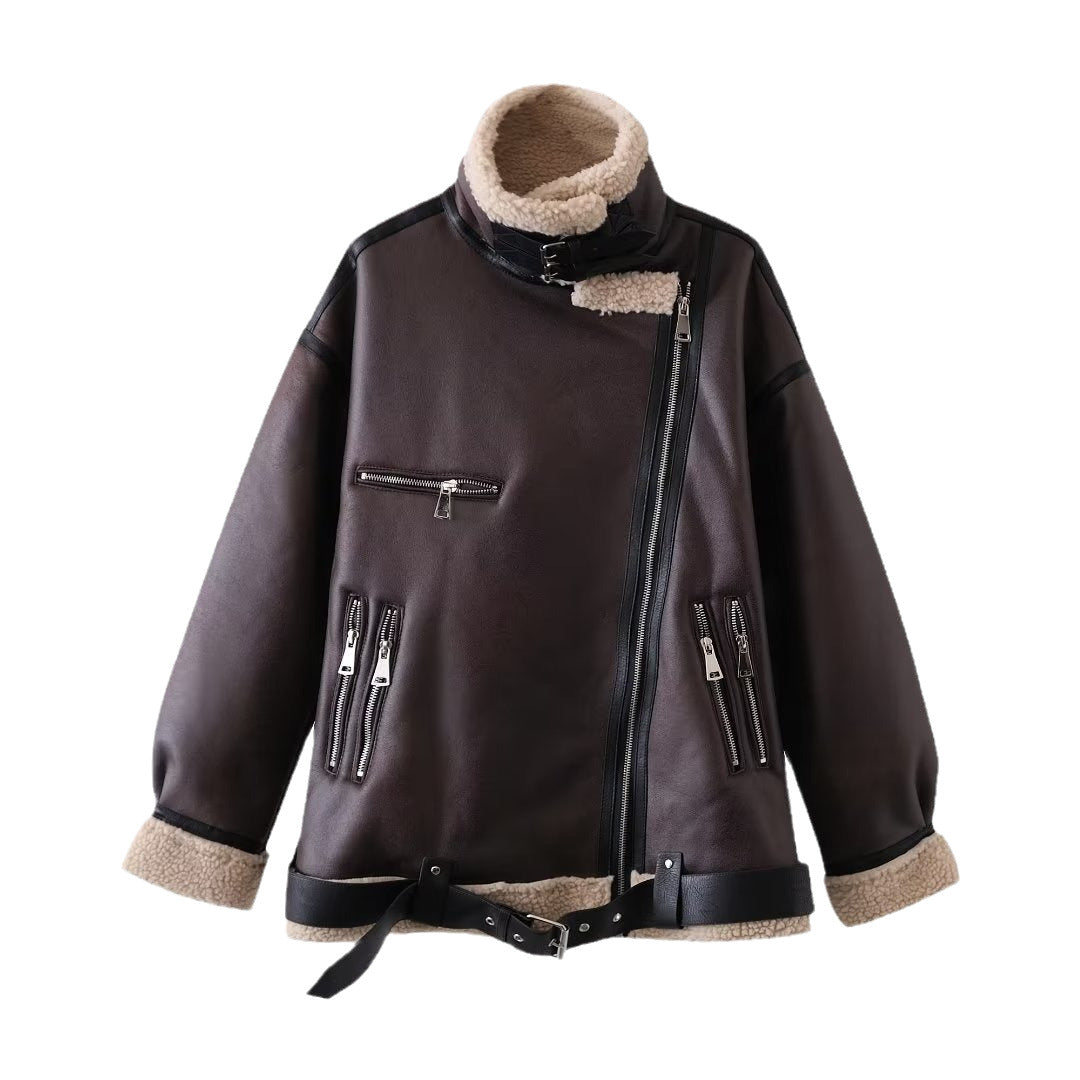 Women's Casual Aviator Biker Jacket in Vintage Leather Look with Sherpa Lining Amarae