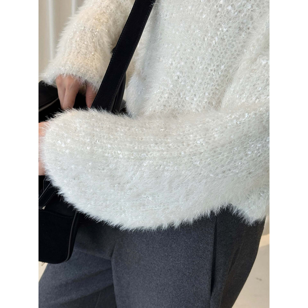 Women Fluffy Mohair-Look V-Neck Sweater with Glitter Threads Amarae