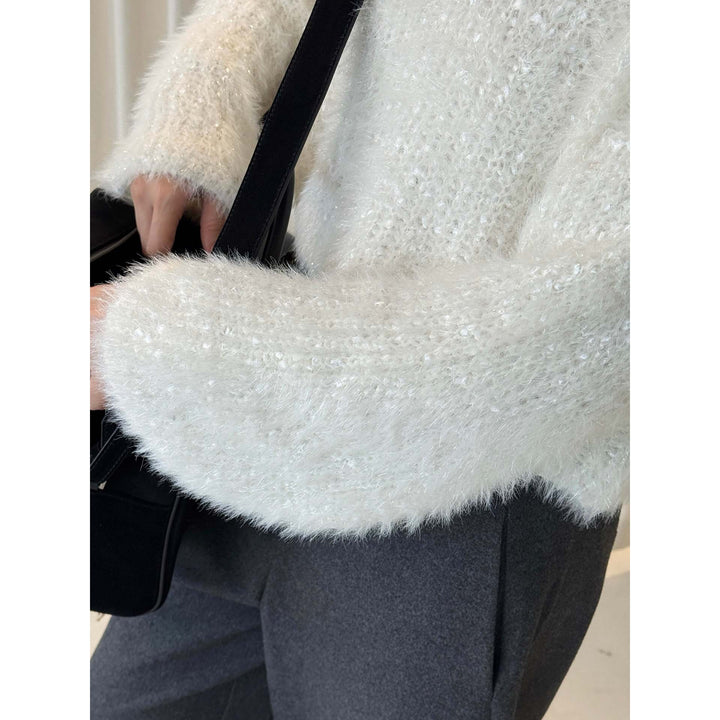 Women Fluffy Mohair-Look V-Neck Sweater with Glitter Threads Amarae