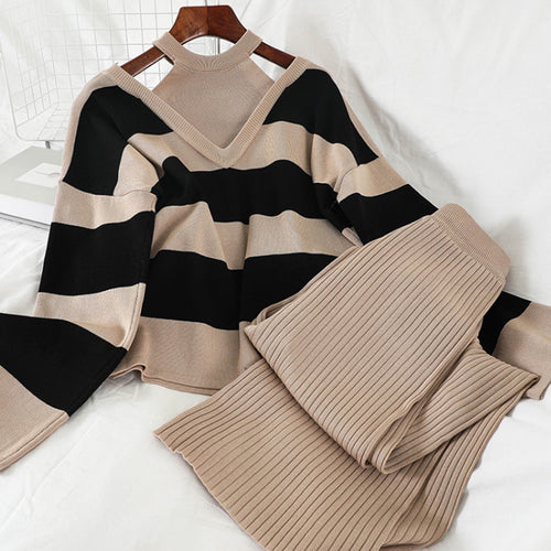 Amarae striped knit loungewear set with high collar for women