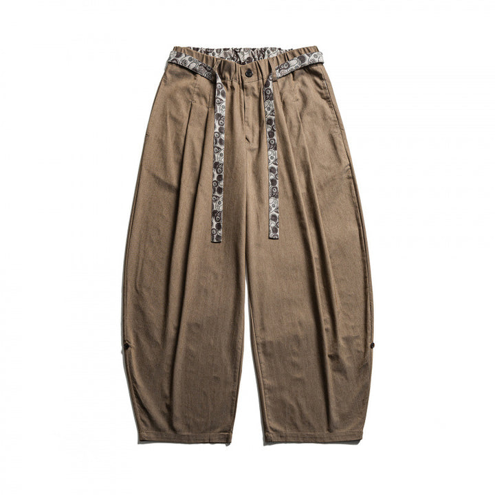 Men's Loose Highwaist Pleated Pants with Elastic Waistband and Printed Drawstring Amarae