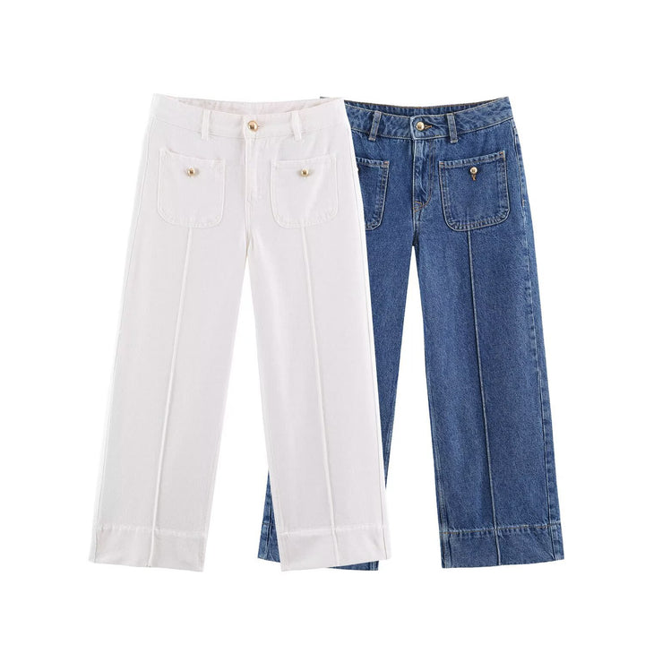 Ladies' wide jeans with a high waist, pressed crease, and patch pockets.