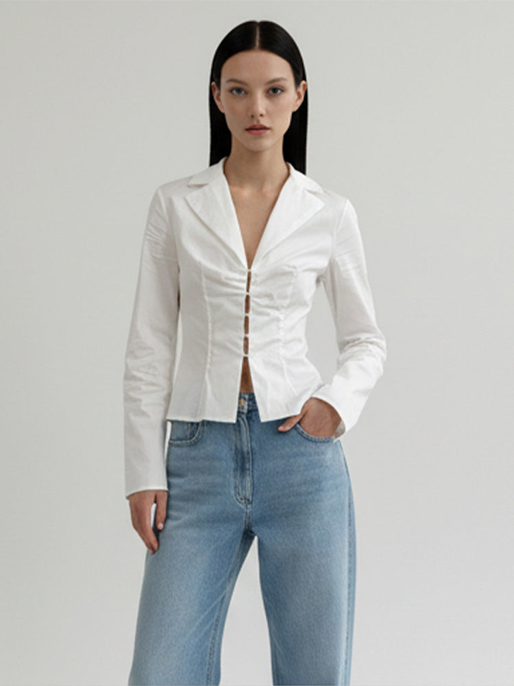 Women's Tailored Poplin Shirt Blouse with Corset Seams & Hook Front Amarae