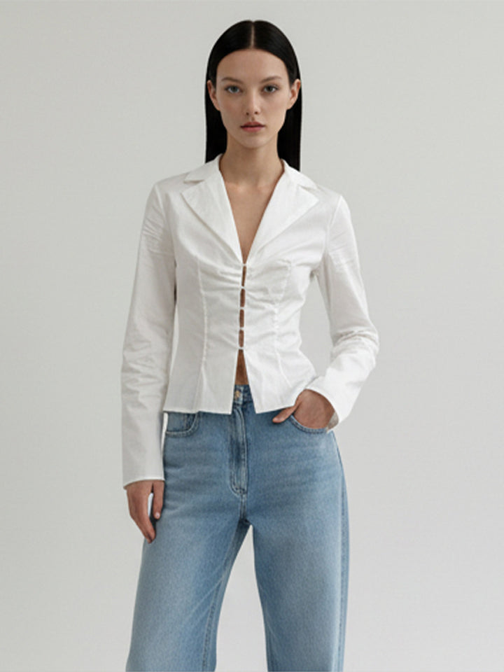 Women's Tailored Poplin Shirt Blouse with Corset Seams & Hook Front Amarae