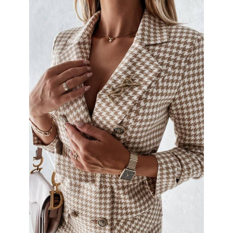 Classic houndstooth design shirt dress for women with elegant fitted waist and double row of buttons Lune London