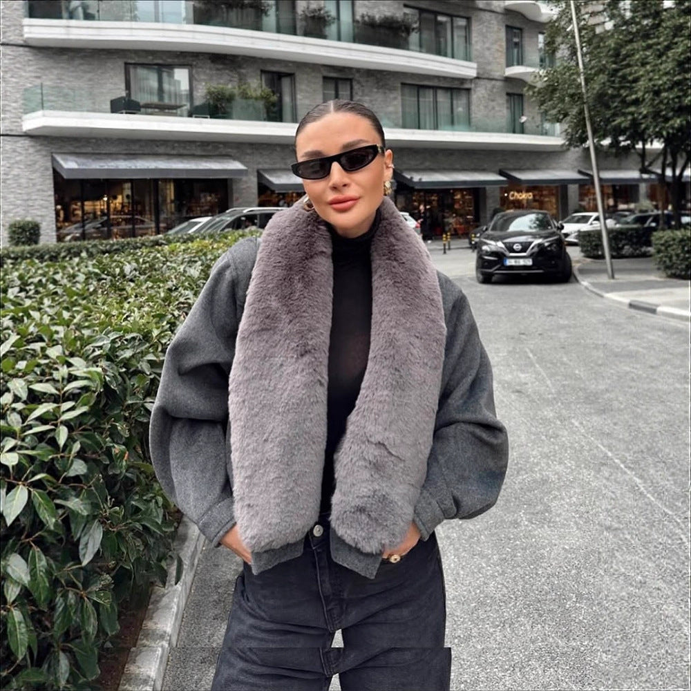 Women’s short jacket with voluminous faux fur shawl collar and elastic hem Amarae