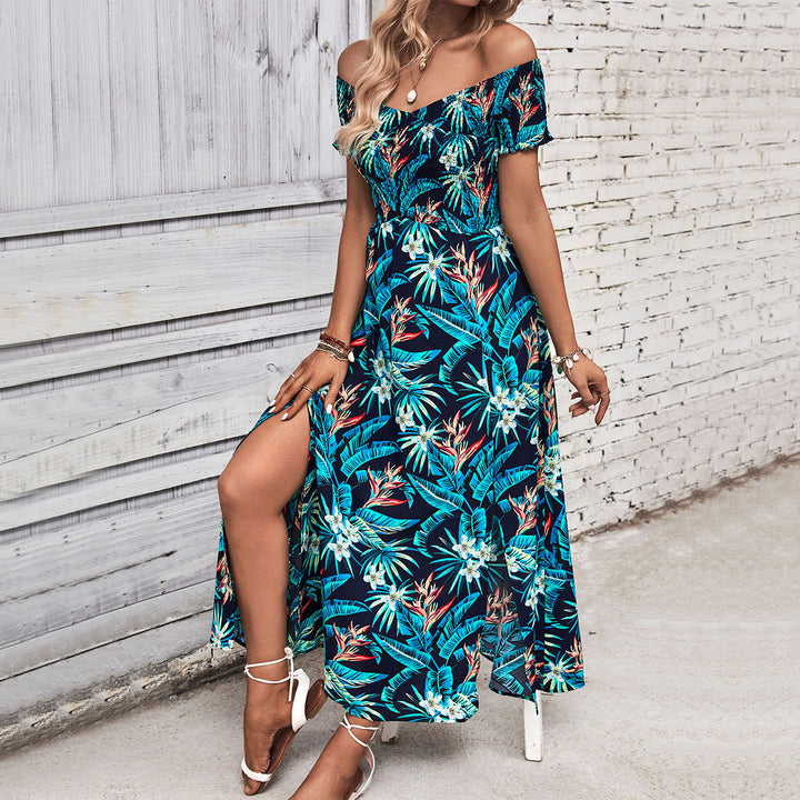 Off-Shoulder Maxi Flower Dress Women with High Split Detail Lune London
