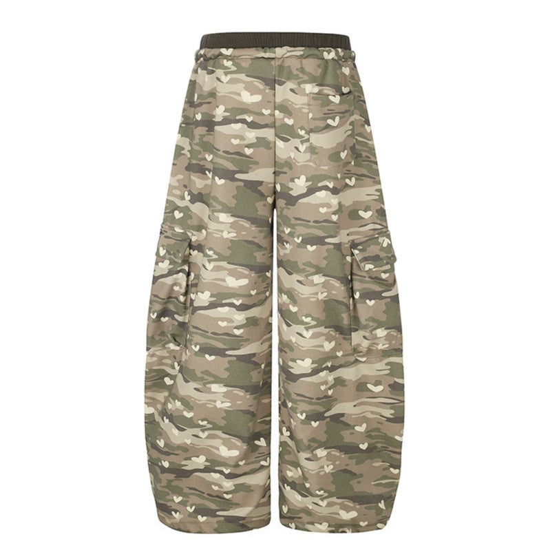 Women's Wide Cargo Pants with Heart Camouflage, Drawstring Waistband and Generous Pockets Amarae