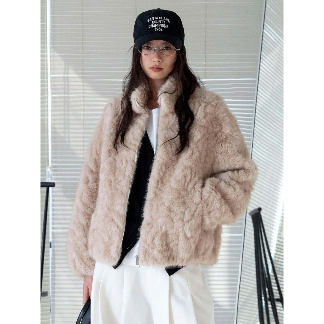 Women's Short Faux Fur Jacket with Stand-up Collar and Zipper Amarae