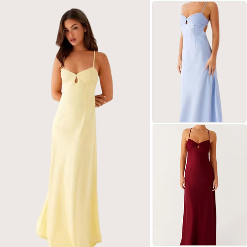 Women's evening dress with seductive spaghetti strap design and elegant slit