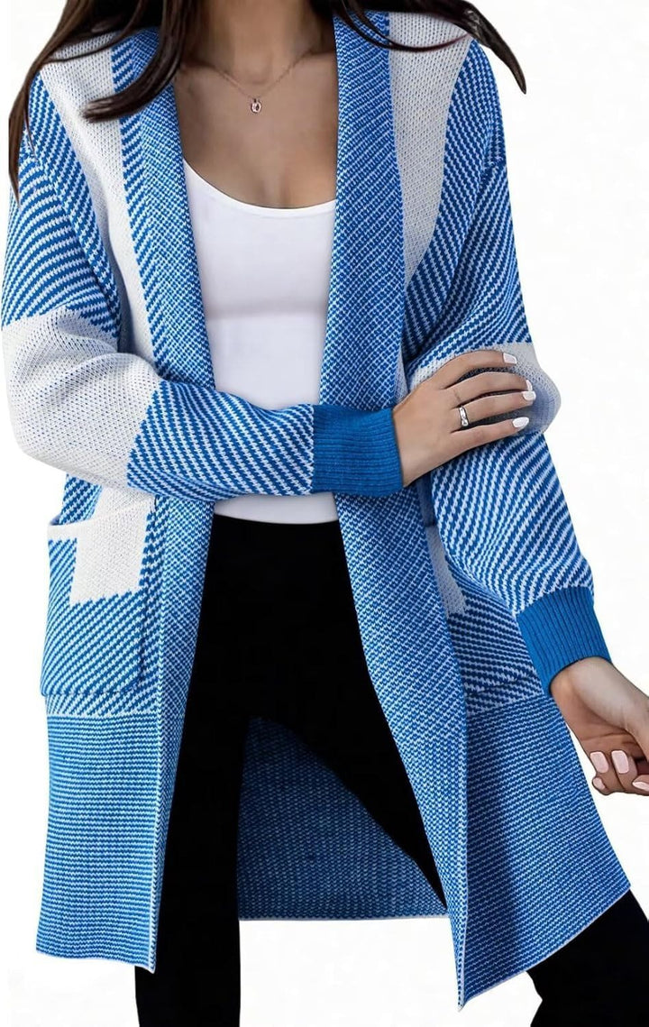 Ladies long knit cardigan with textured pattern and patch pockets Lune London