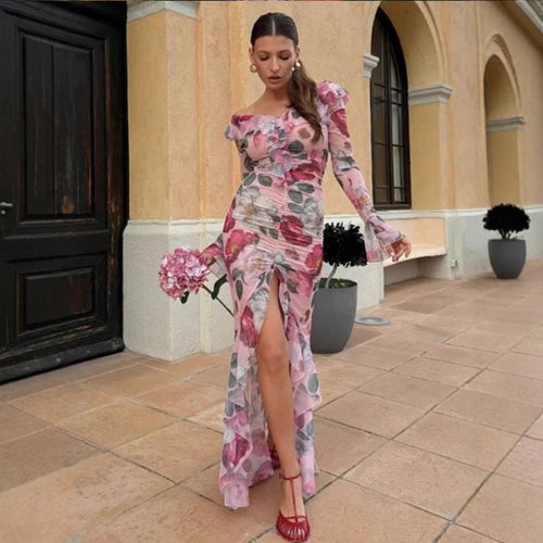 Women's Floral Chiffon Maxi Dress with Asymmetrical Ruffled Shoulder, Gathered Bodice & High Front Slit Amarae