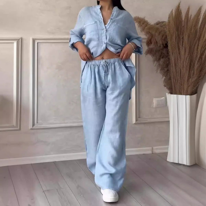 Women's Wide Linen Blend Pants with High Elastic Waistband, Drawstring and Palazzo Silhouette Amarae