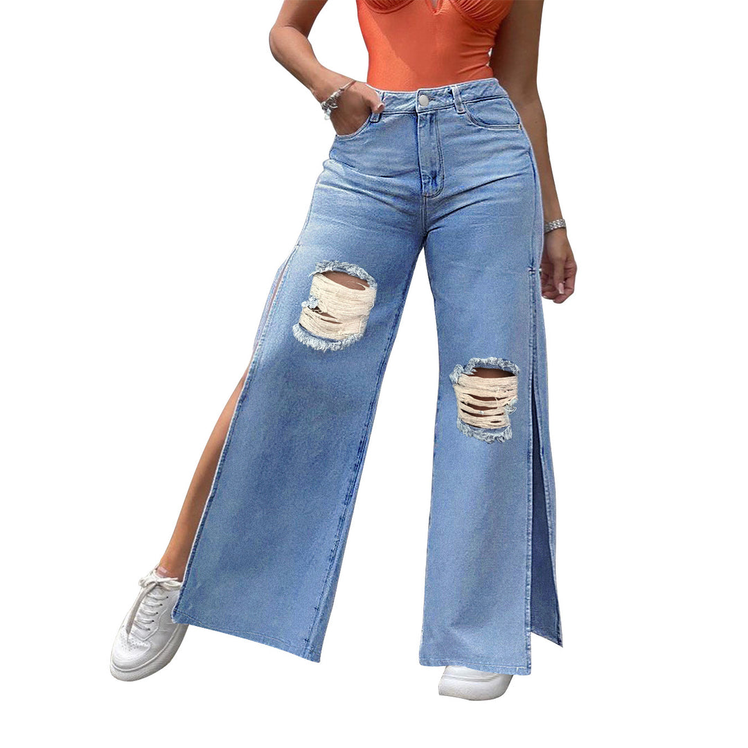 Ladies High-Waisted Wide-Leg Jeans with Knee Rips and Side Slits Amarae