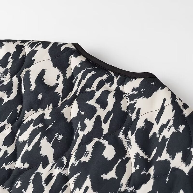 Women Padded Quilted Jacket with Abstract Leopard Print, Boxy Silhouette and Patch Pockets Amarae
