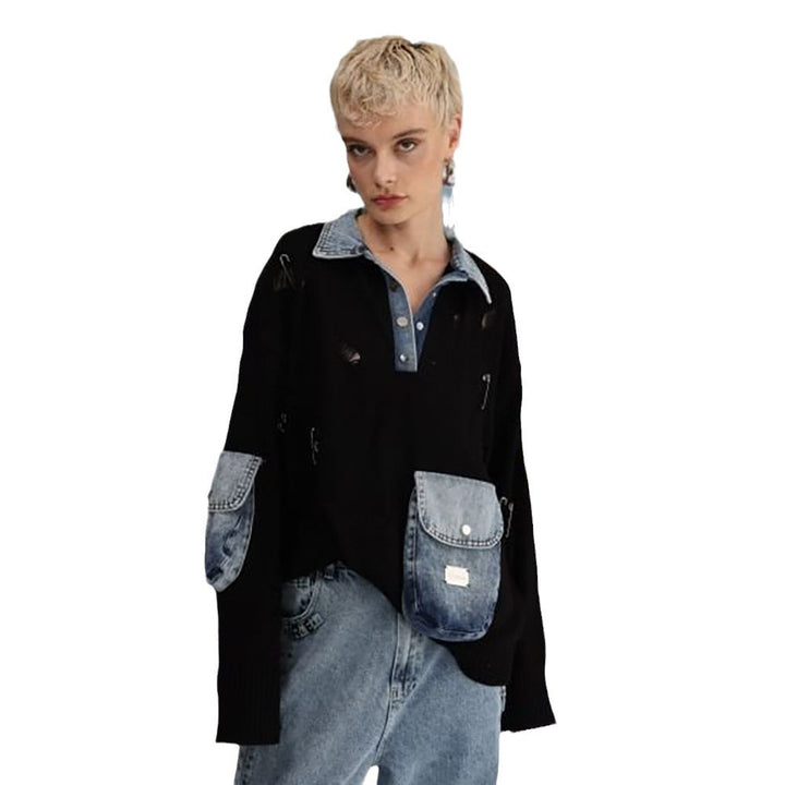 Ladies Urban Oversized Sweater with Chic Denim Details and Style