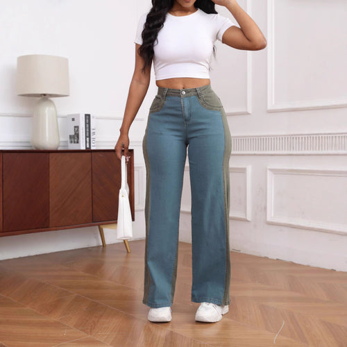 Wide denim pants for women with coordinated side insert Amarae